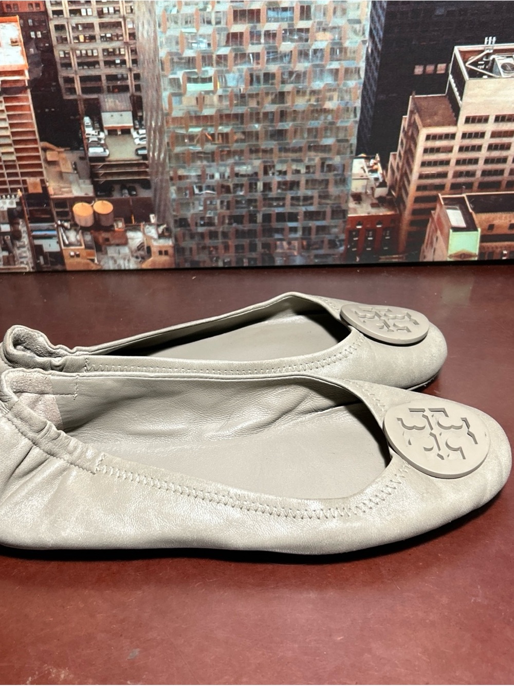 Tory Burch Neutral Taupe Logo Ballet Flats